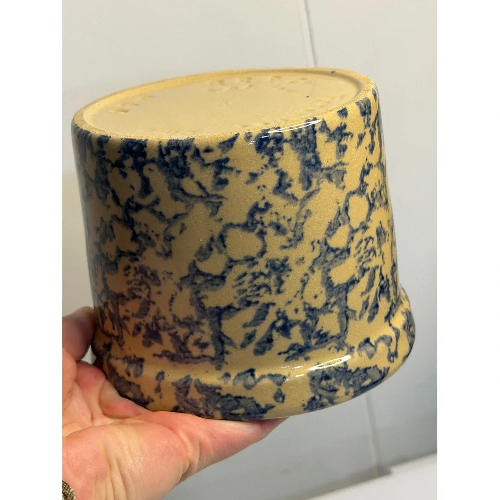 VTG Robinson Ransbottom Pottery Co Blue Spongeware Crock Jar Tan Stoneware RRPCo